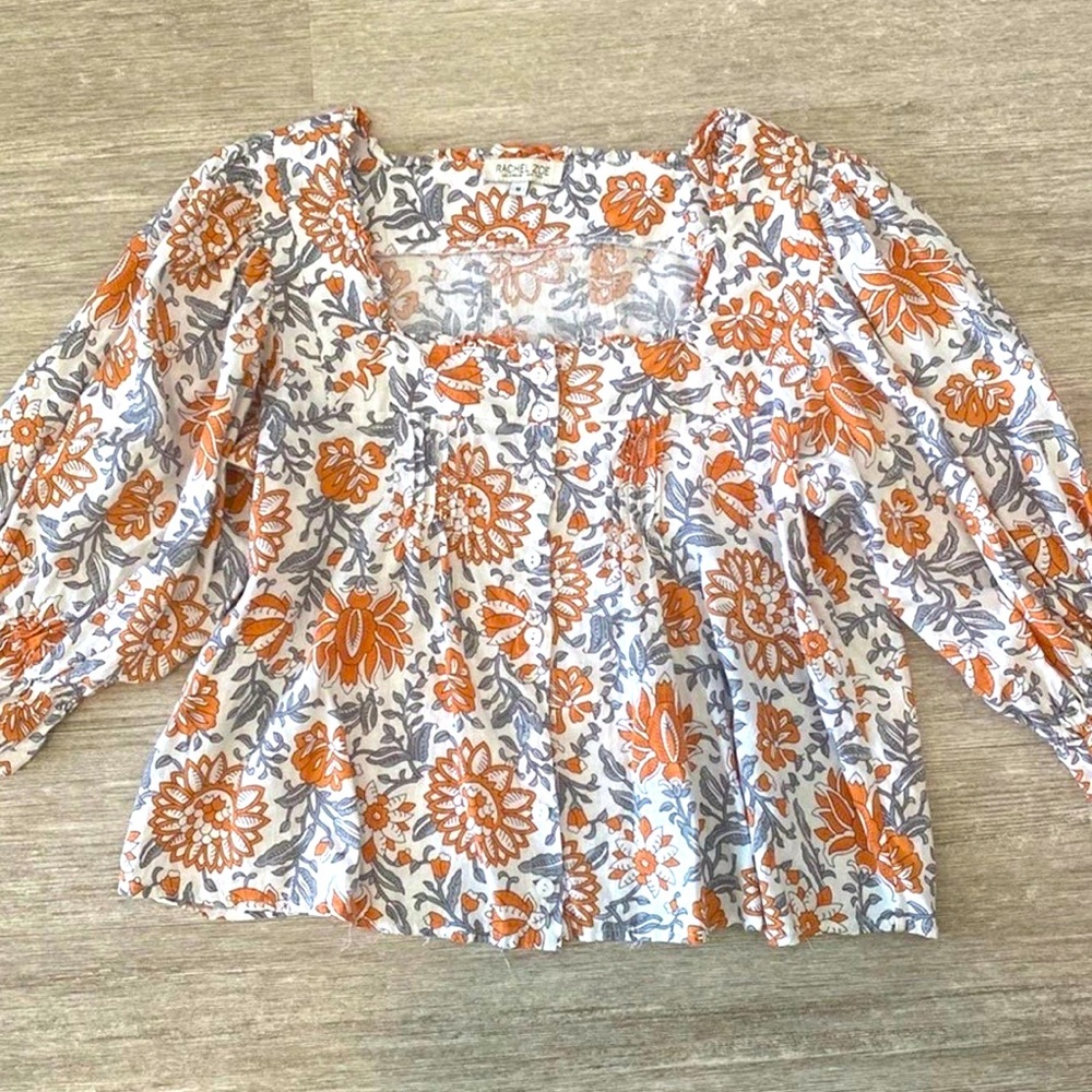 Rachel Zoe orange floral boho 3/4 flutter sleeve top blouse women size medium